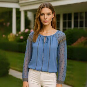 The Jet Set Diaries Sky Blue Embroidered Blouse, Sheer Sleeve Boho Top, Size S